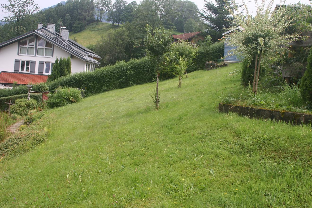 Grüne Wiese am Hang mit Blick ins Allgäu